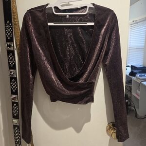Soprano Brown Glitter Sparkly V-Neck Long Sleeve Top